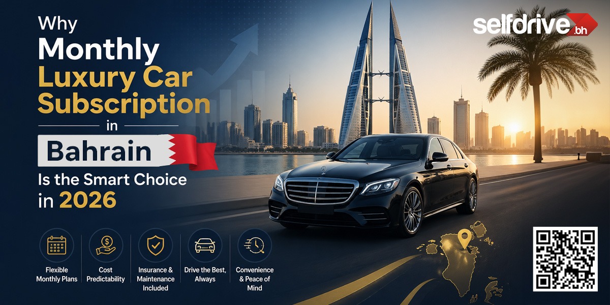 Advertisement for a luxury car subscription service in Bahrain, featuring a sleek black car on a scenic urban road at sunset. The skyline includes modern skyscrapers and palm trees. Text highlights benefits like flexible monthly plans and peace of mind. Includes a QR code.